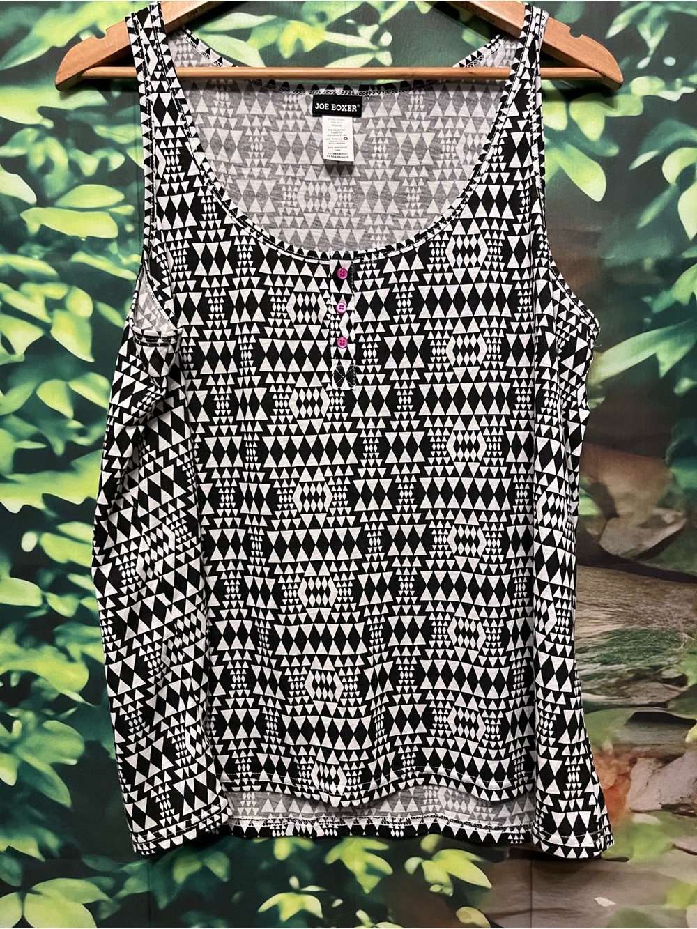 Joe Boxer Black and White Geometric Tank with Pink Button Accents